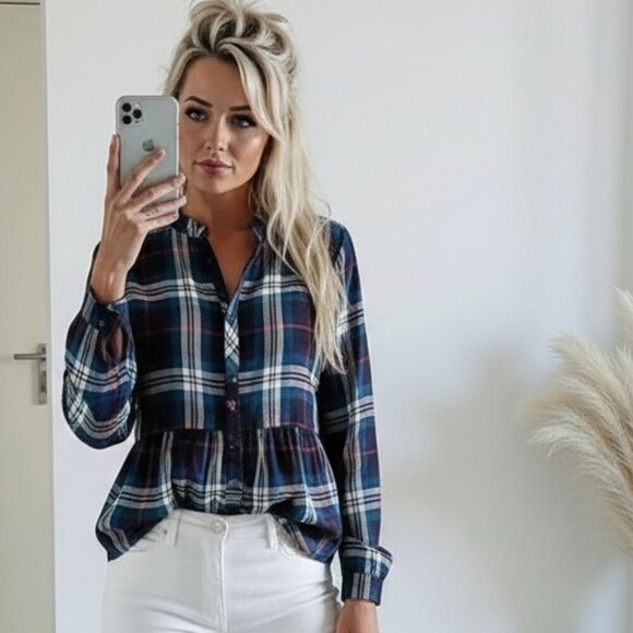 Ricki’s Navy Plaid Peplum Blouse - Picture 9 of 9